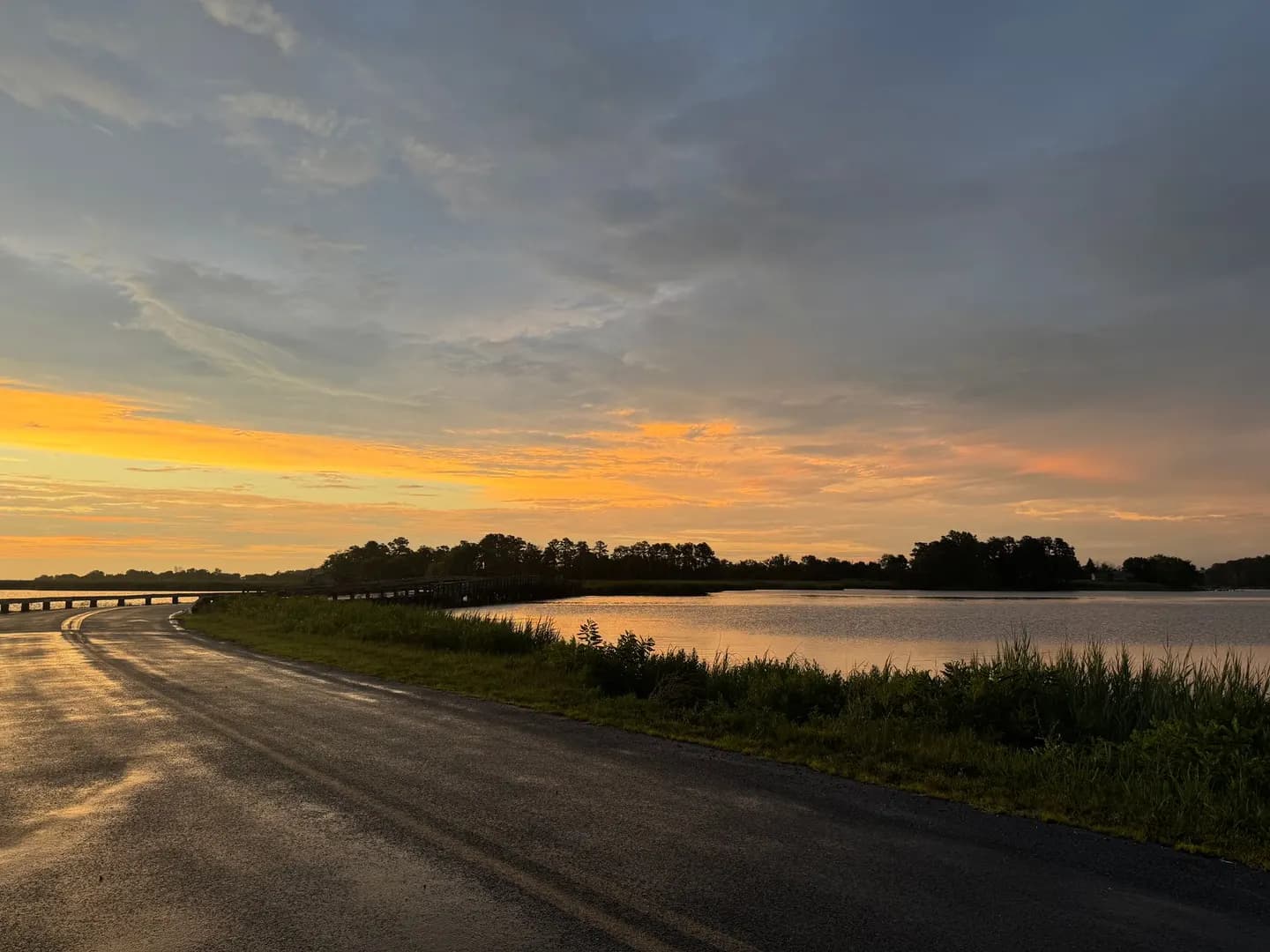 Sunset over a waterside road in Rock Hall, on Maryland's Eastern Shore