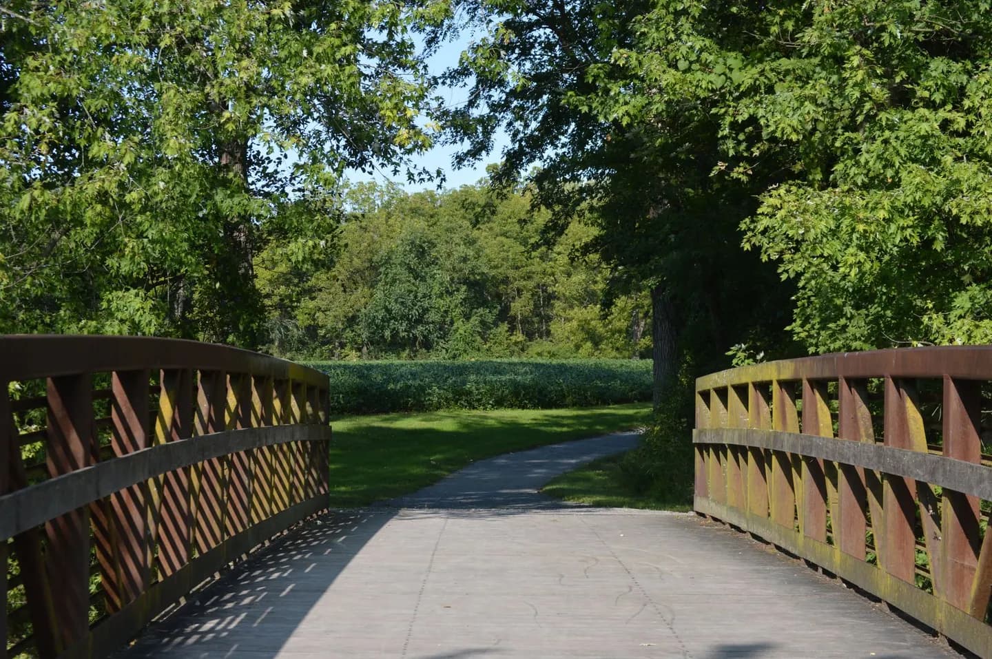 A wooden footbridge in a park in Carlisle, Pennsylvania