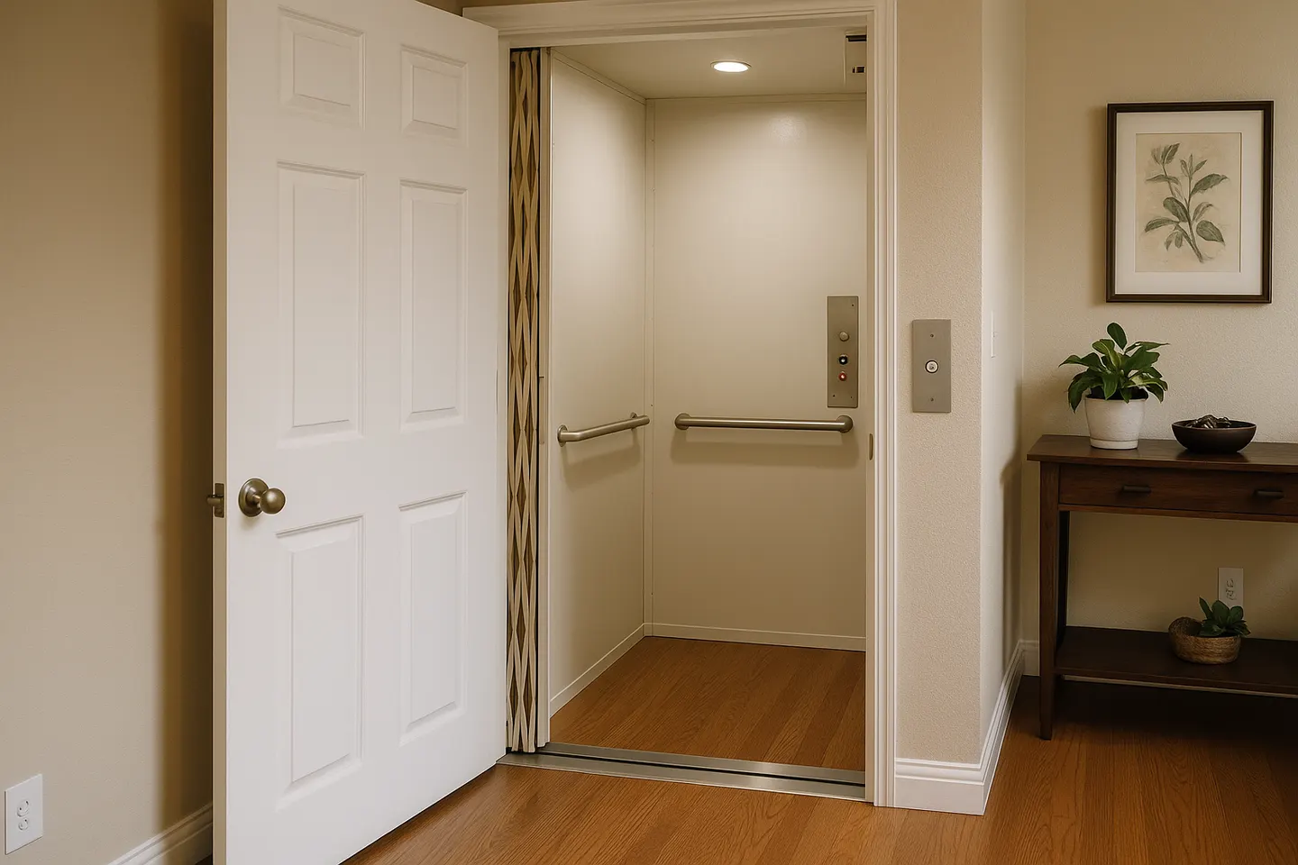 Small residential elevator with its door and accordion gate open onto a hallway