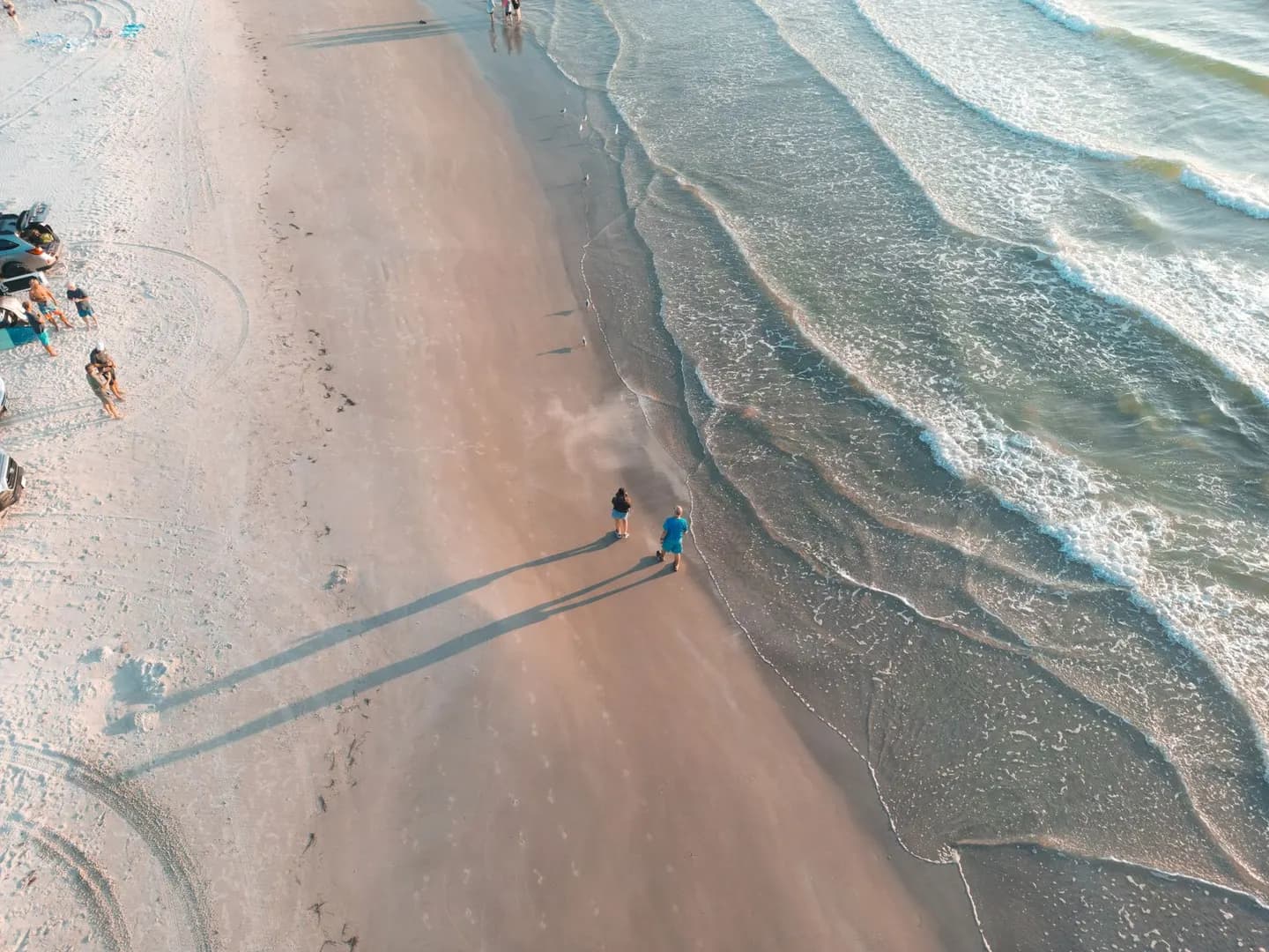 The beach on Padre Island, Texas, at sunset, from above