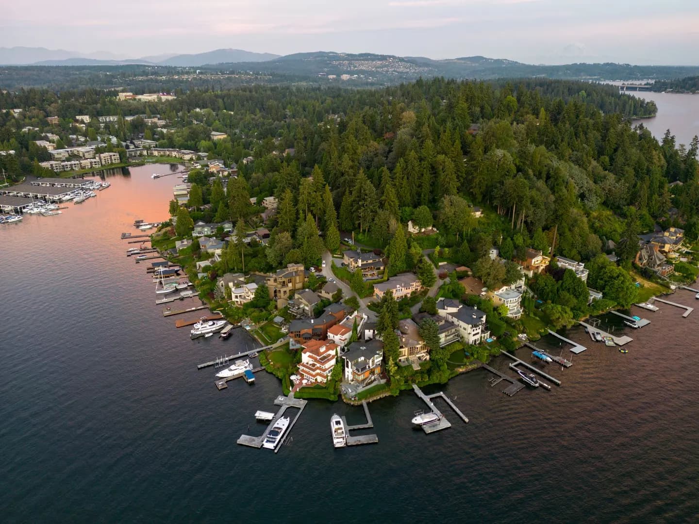 An aerial view of waterfront homes and a marina