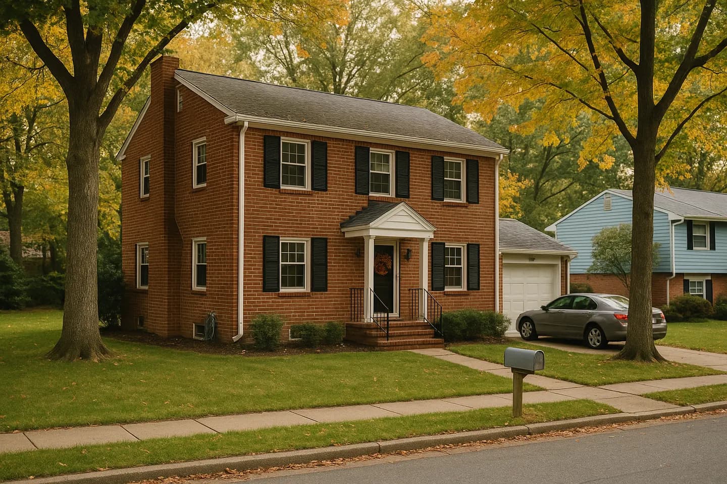 A two-story brick colonial with a front stoop and iron handrail on a tree-lined suburban street (generated illustration)