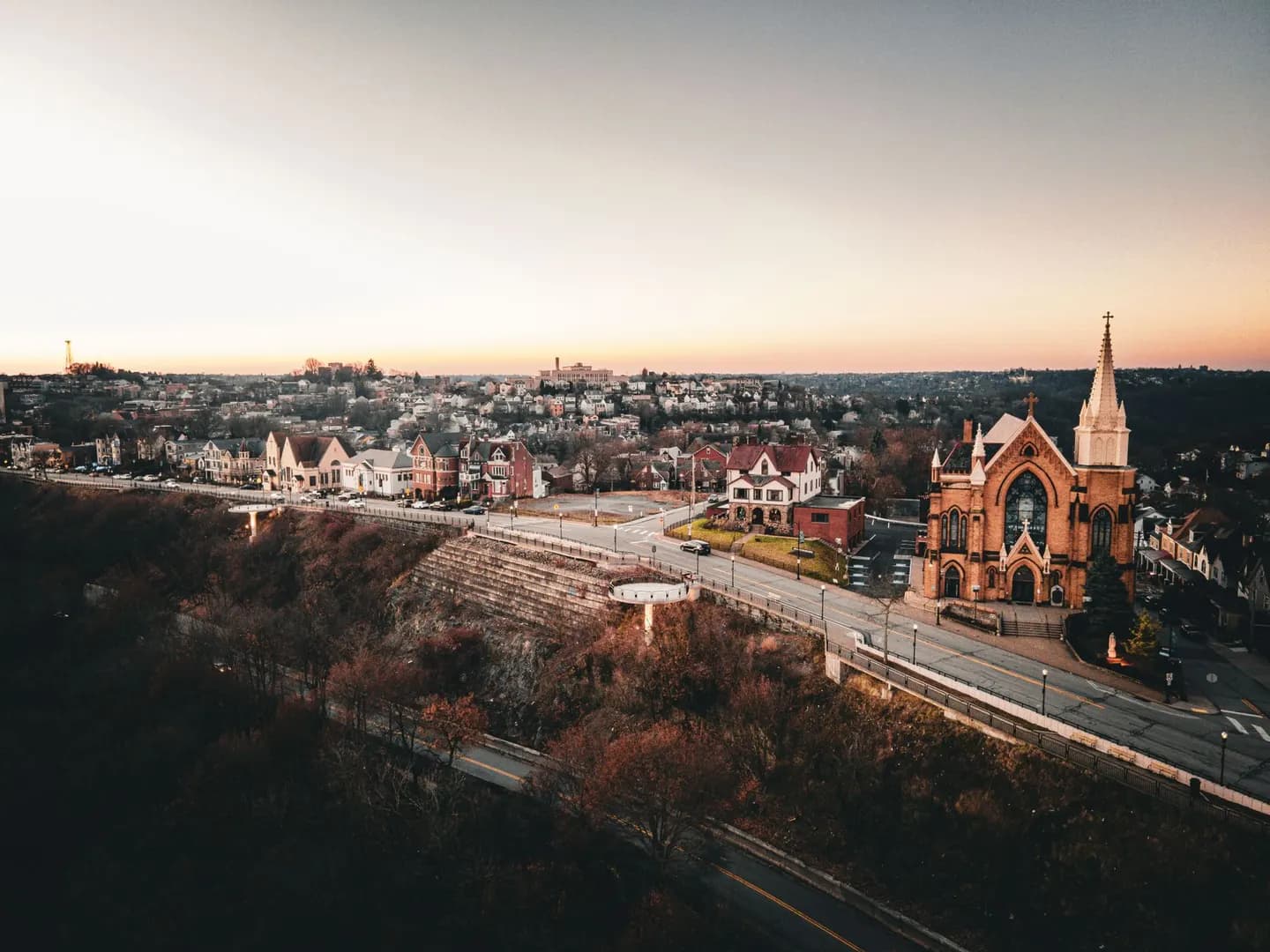A Pittsburgh neighborhood at sunset, near Mount Lebanon