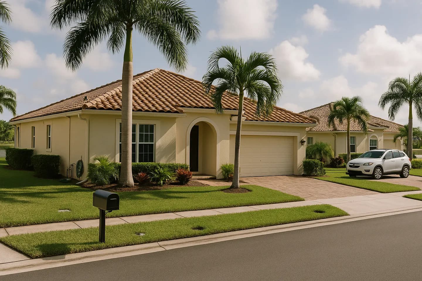 A single-story Mediterranean-style house with a barrel-tile roof on a golf-community street (generated illustration)