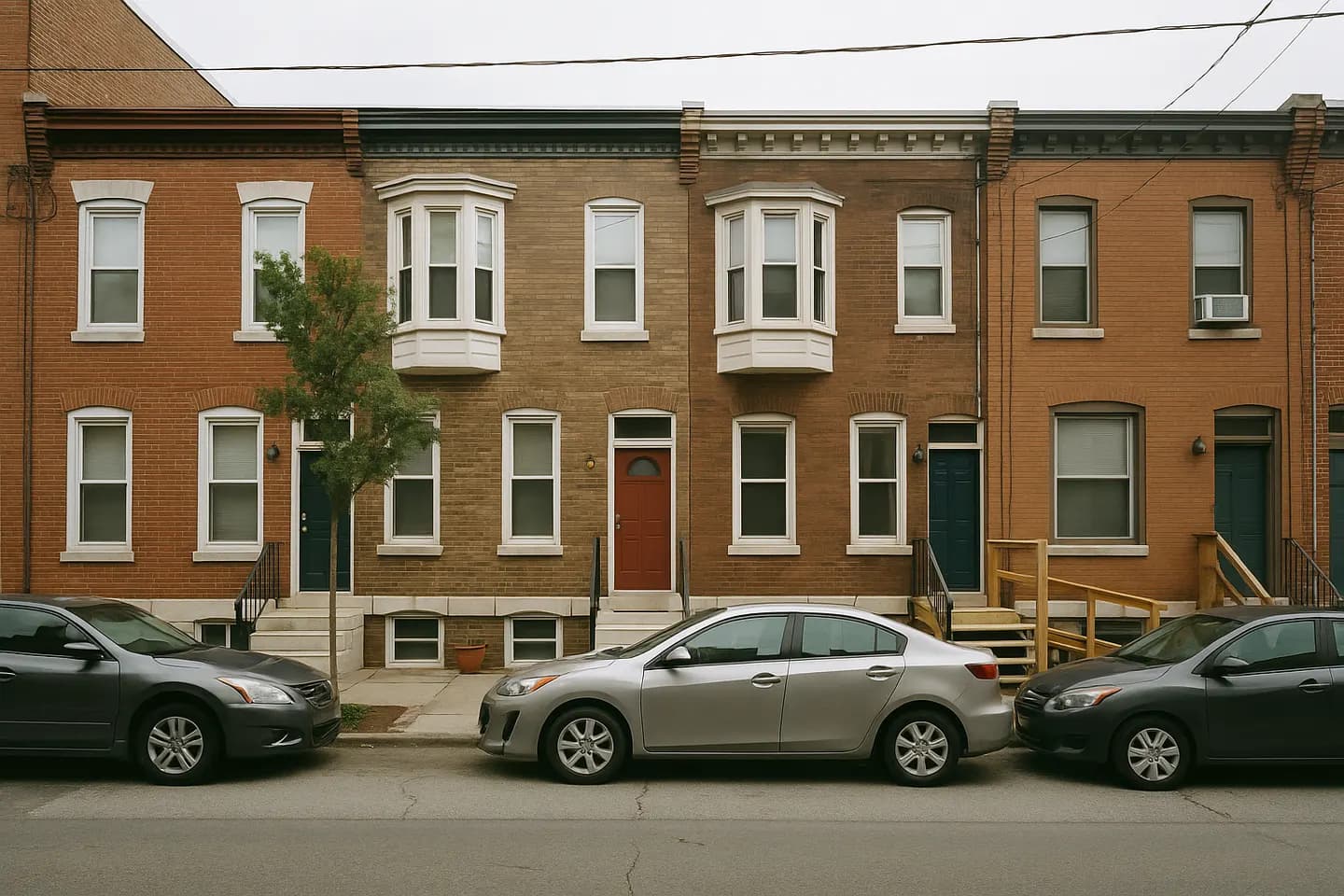 A block of older brick rowhouses with front stoops, one with a wooden ramp beside its steps (generated illustration)