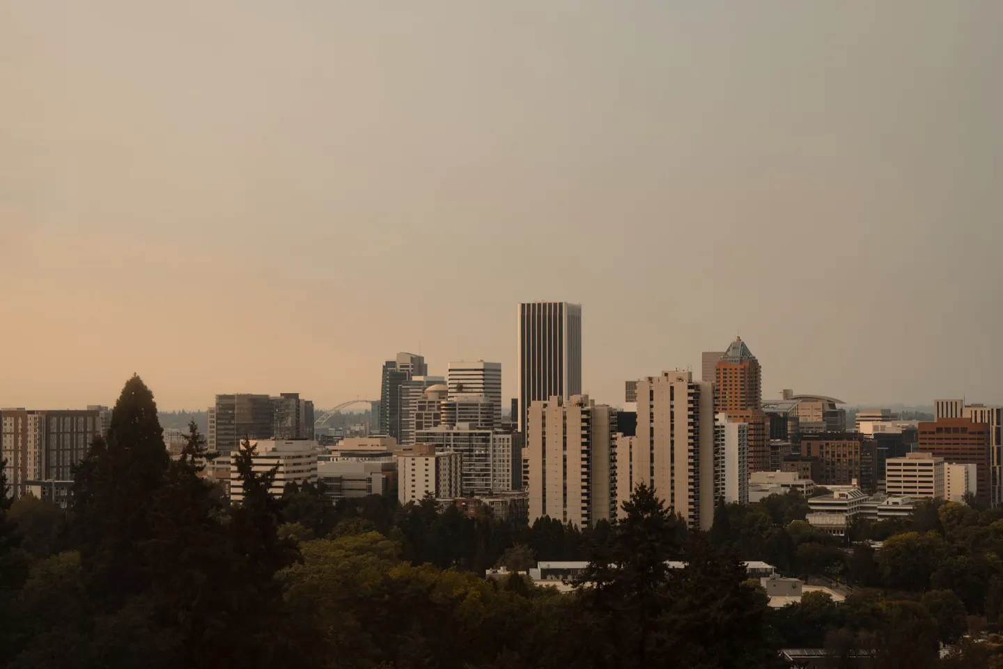 The Portland, Oregon skyline framed by trees at sunset