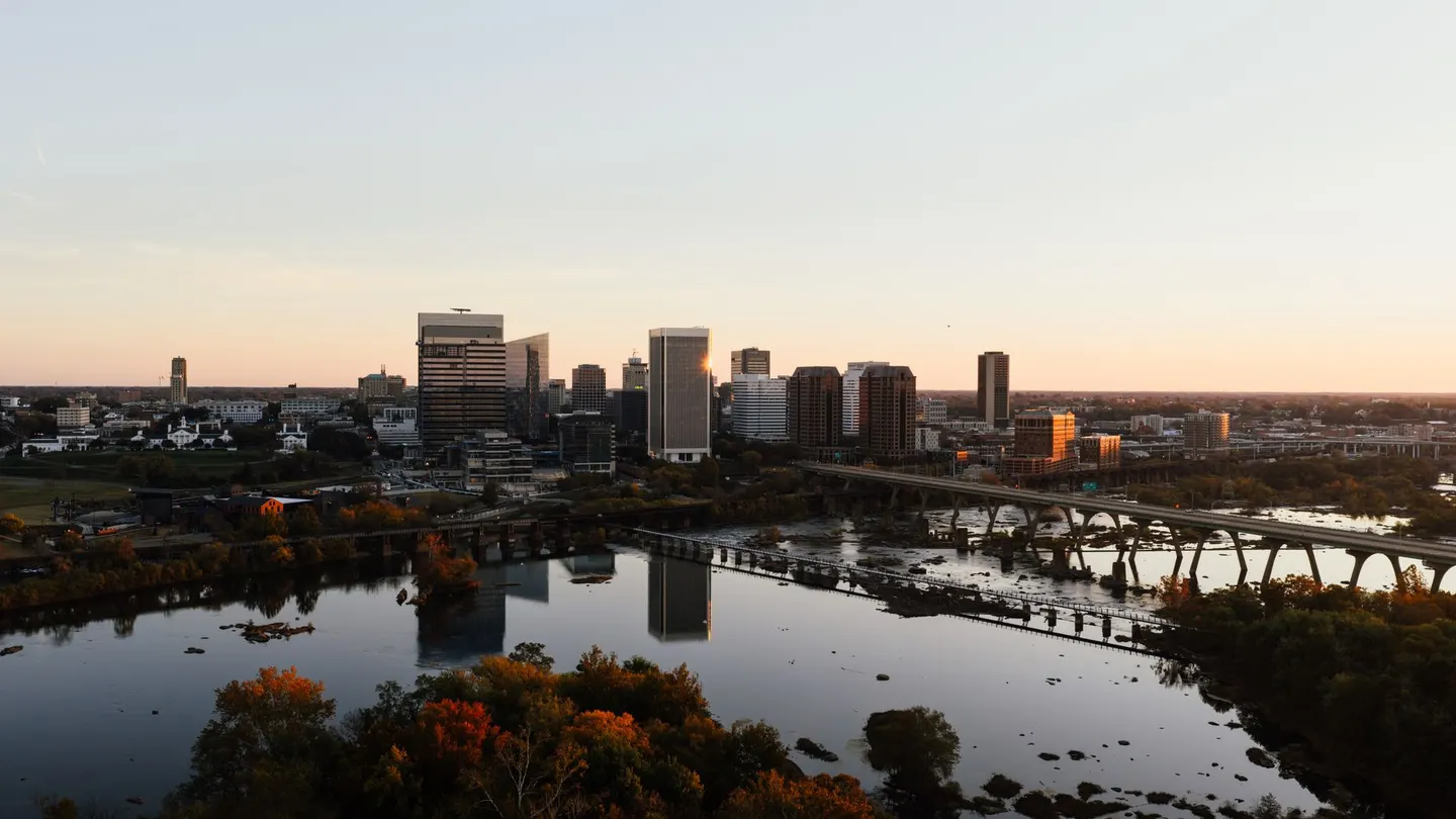 The Richmond skyline and the James River at sunset