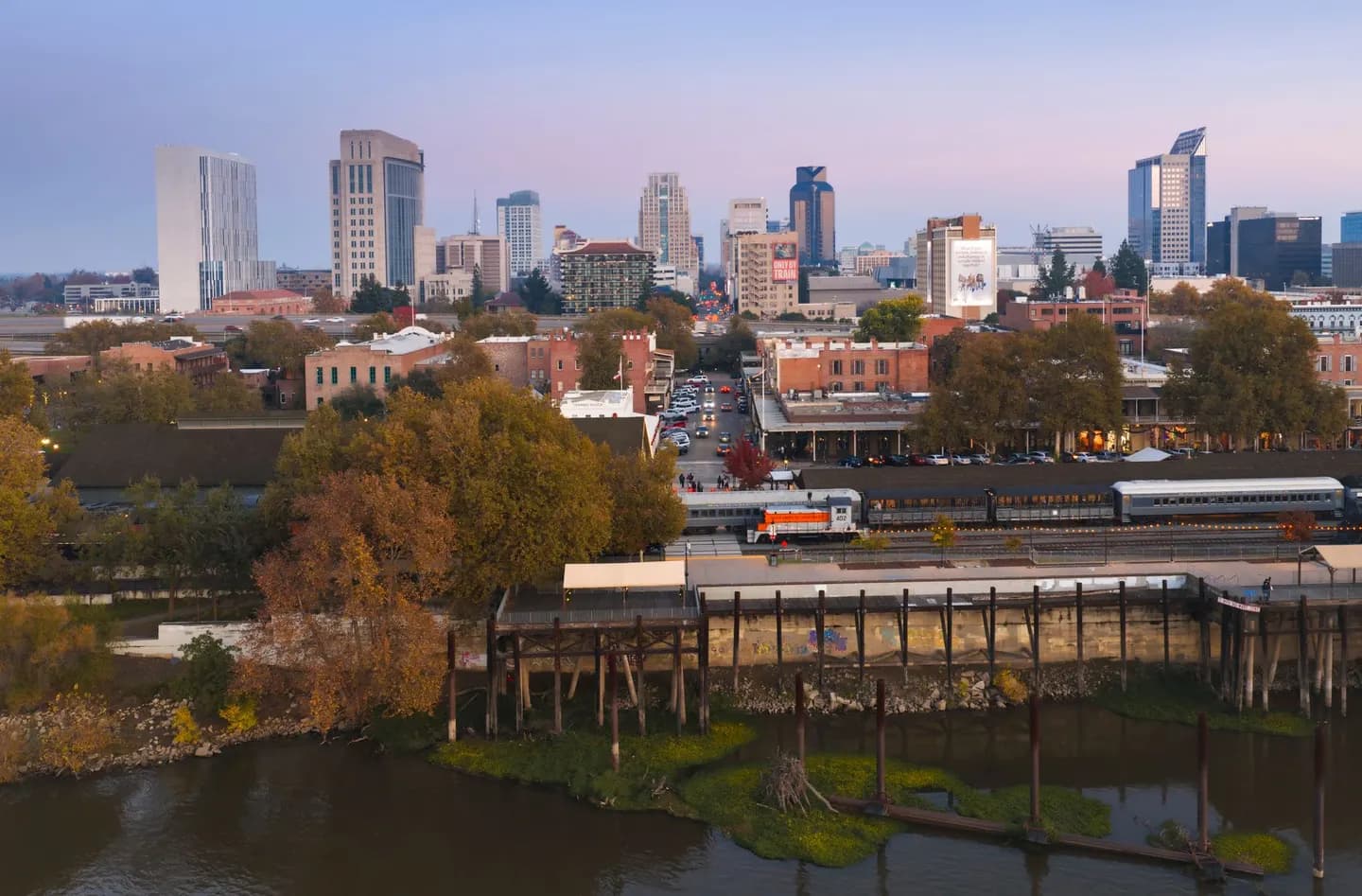 Downtown Sacramento and Old Sacramento from above at twilight