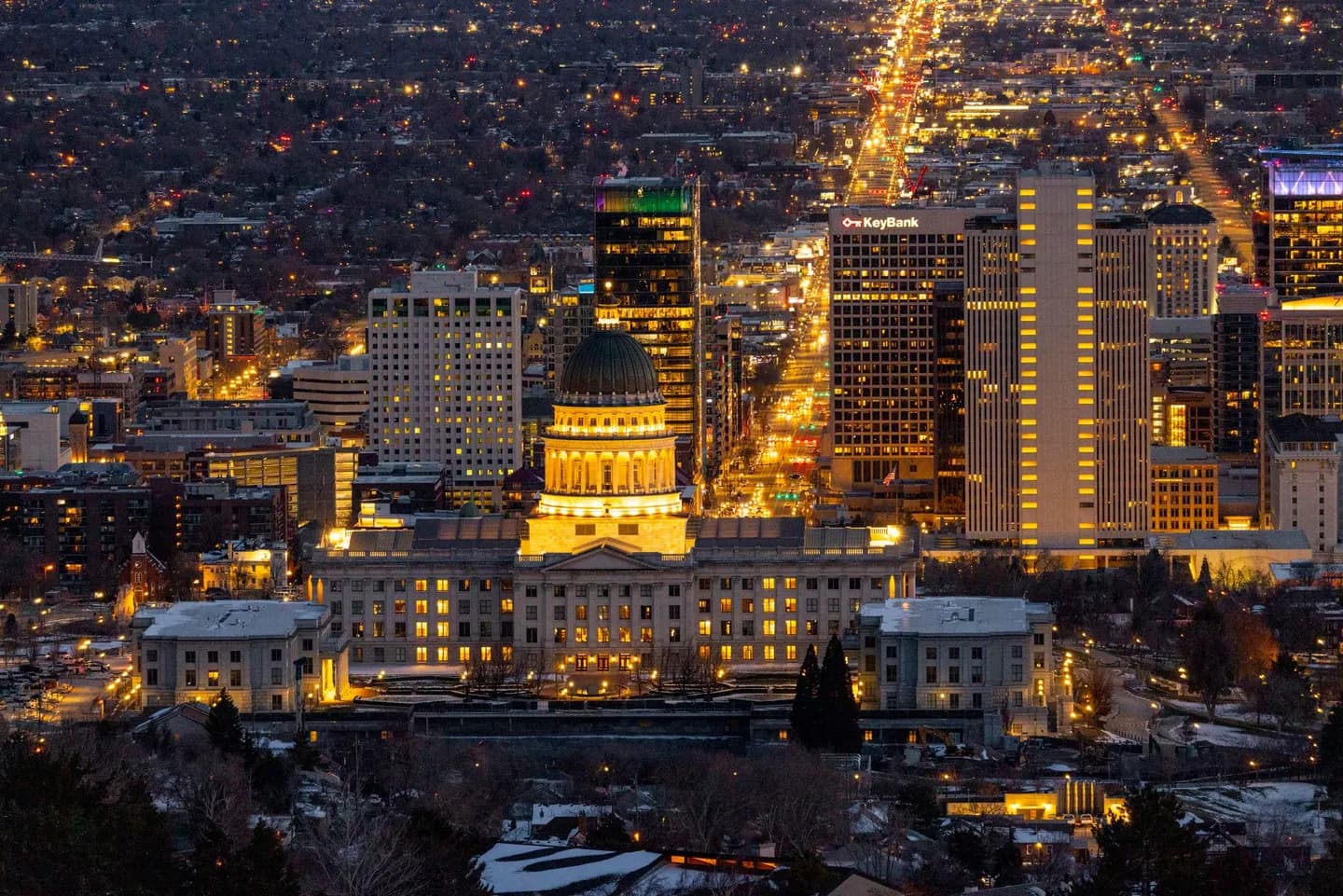 Salt Lake City and the Utah State Capitol lit at night