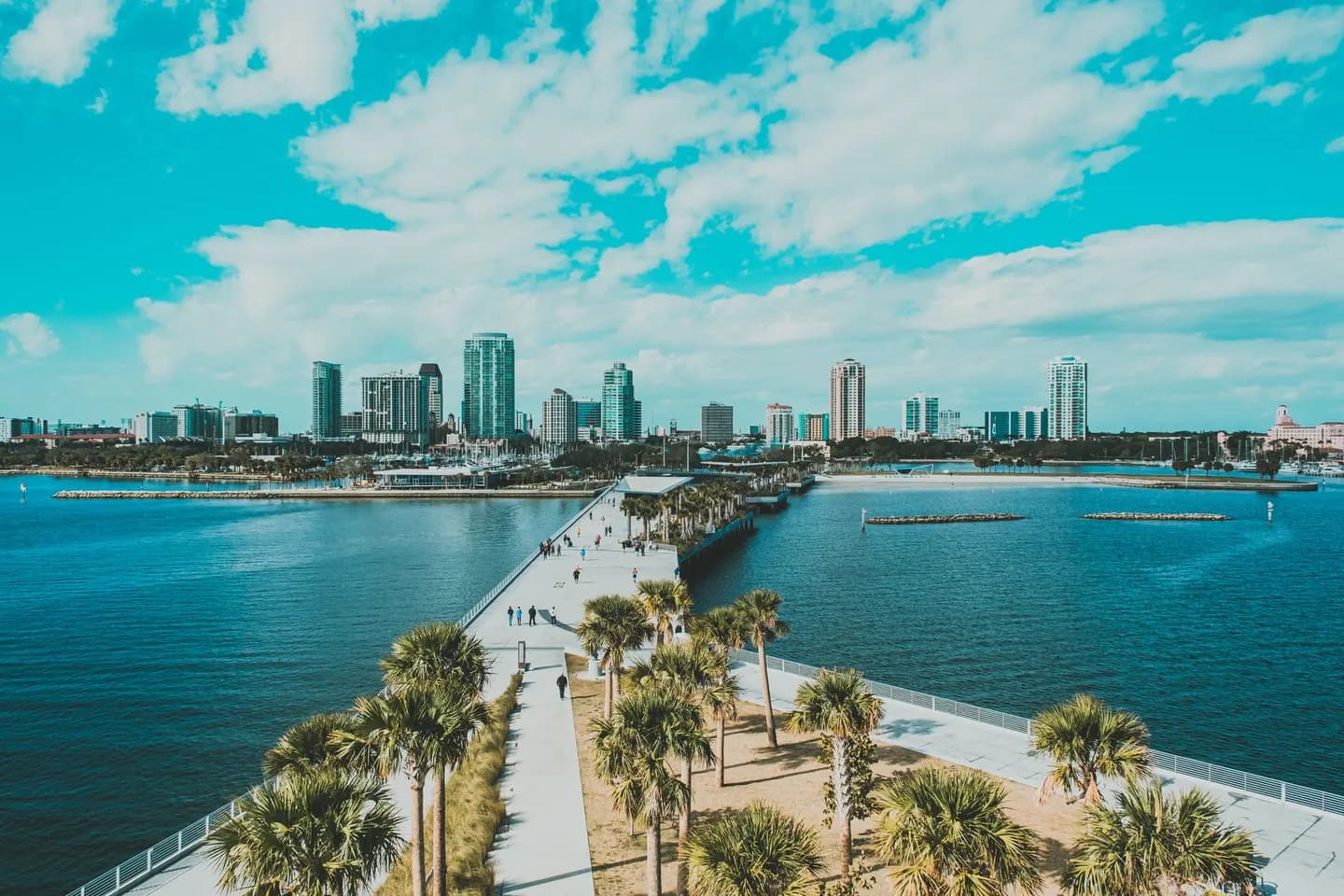 The St. Pete Pier and the downtown St. Petersburg skyline from above