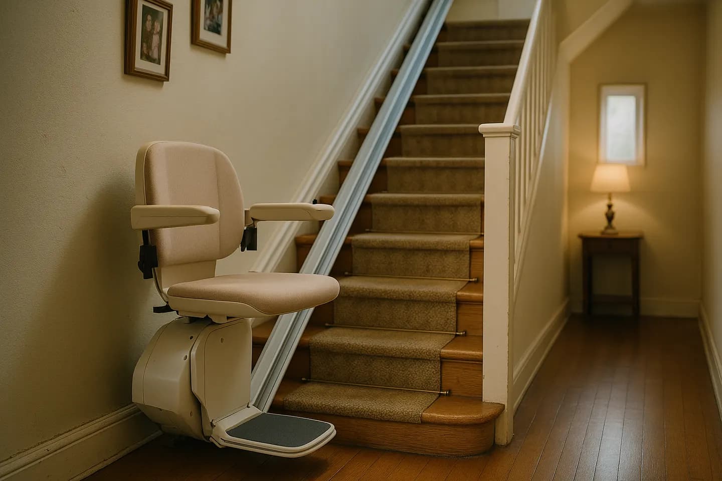 Stair lift chair parked at the foot of a carpeted wooden staircase