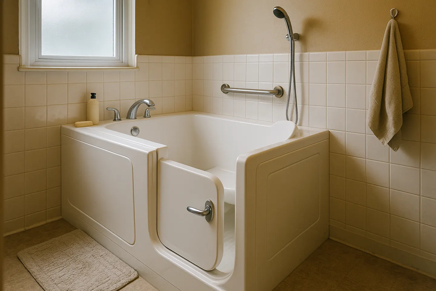 Walk-in bathtub with a door, built-in seat, grab bar and hand-held shower in a tiled bathroom